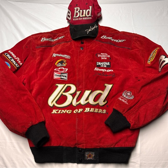 Vintage Dale Earnhardt Jr Budweiser NASCAR SuedeLeather Jacket W/ Matching Hat